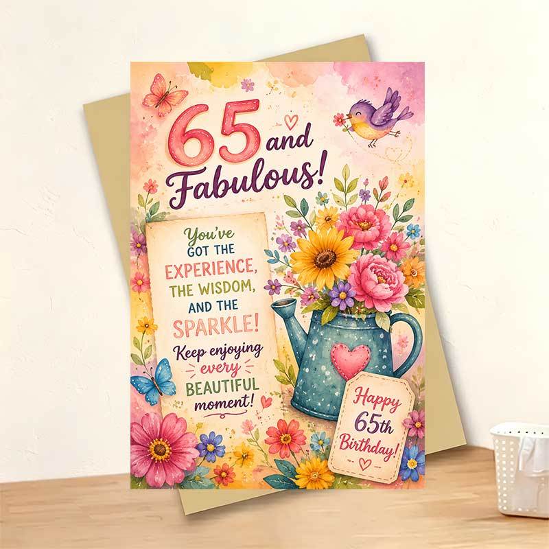 TEMU 1 Greeting Card And 1 Envelope Elegant Floral Birthday Greeting Card, Watering Can With And Butterflies Design "65 And Fabulous" Text, Suitable