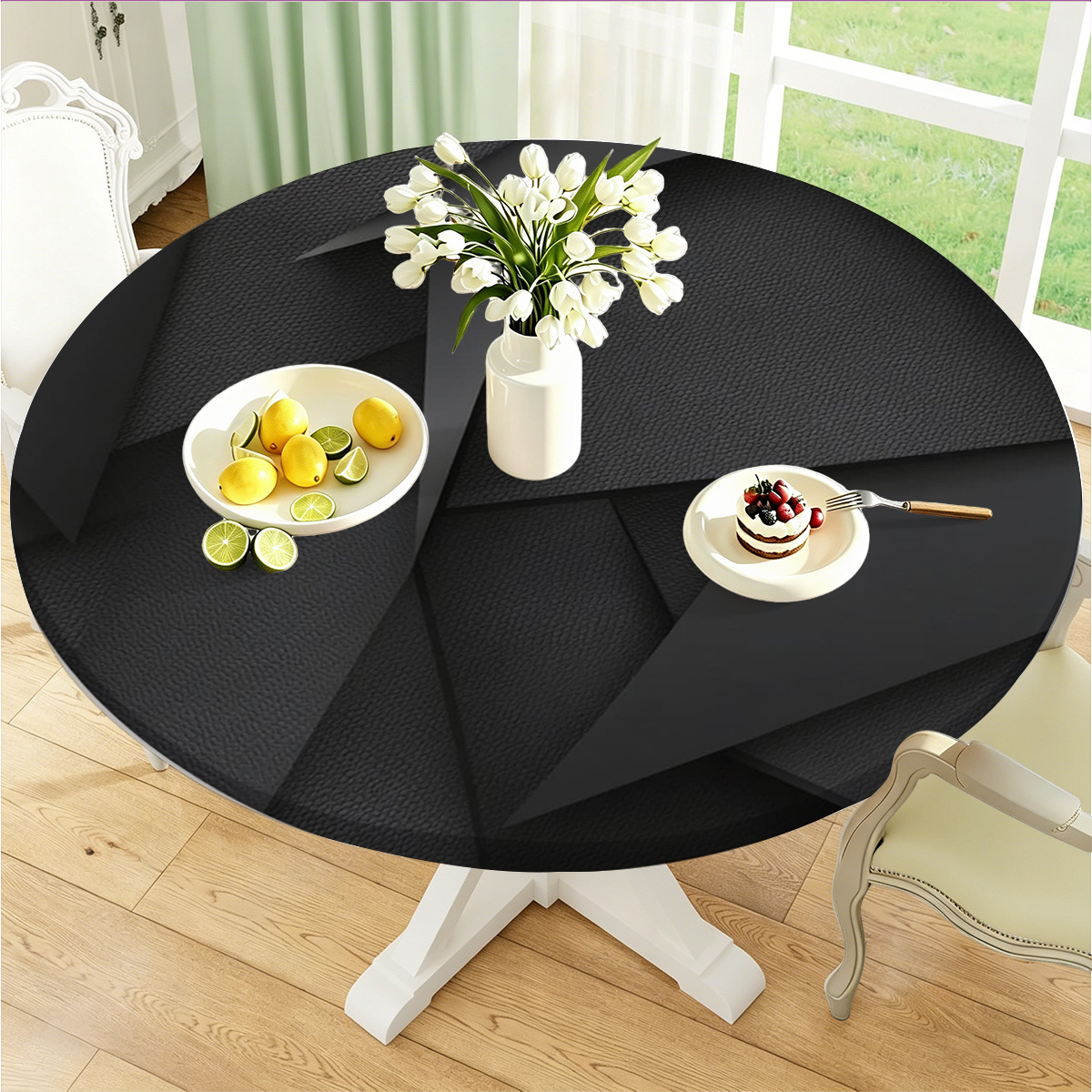 TEMU 1pc 2d Plane Black Geometric Texture Printed Elastic Round Tablecloth, Ideal For Dining Room, Picnic, Camping, Party, For Home & Festival Decor,