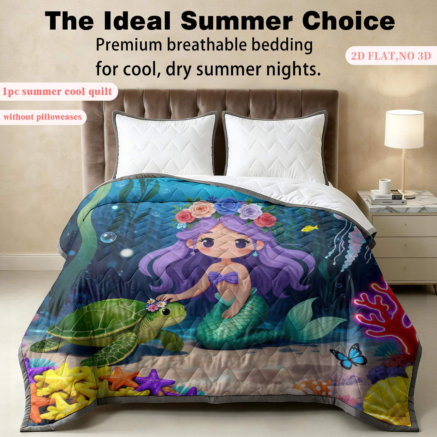 2d flat 1pc mermaid turtle underwater ocean seaweed   shells quilt only 1 summer quilt without pillowcases     life bedding bedspread ocean theme blanket soft and breathable printed for spring summer bedding home dorm