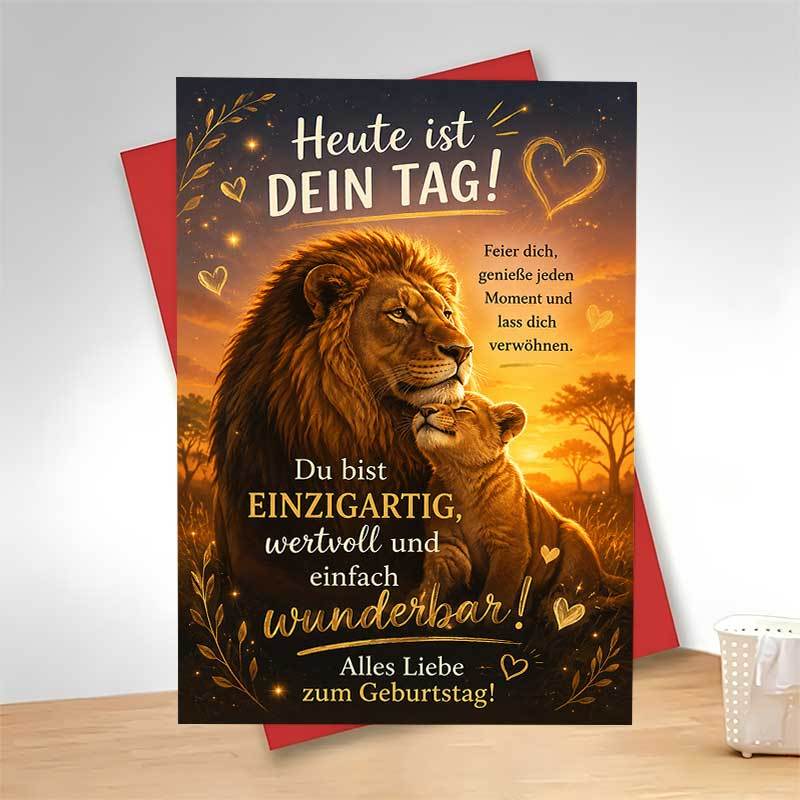 1 Greeting Card + 1 Envelope | Elegant And Warm Birthday Greeting Card With Lion And Cub In Landscape, Text "heute Ist ", Suitable For , Artistic And Style