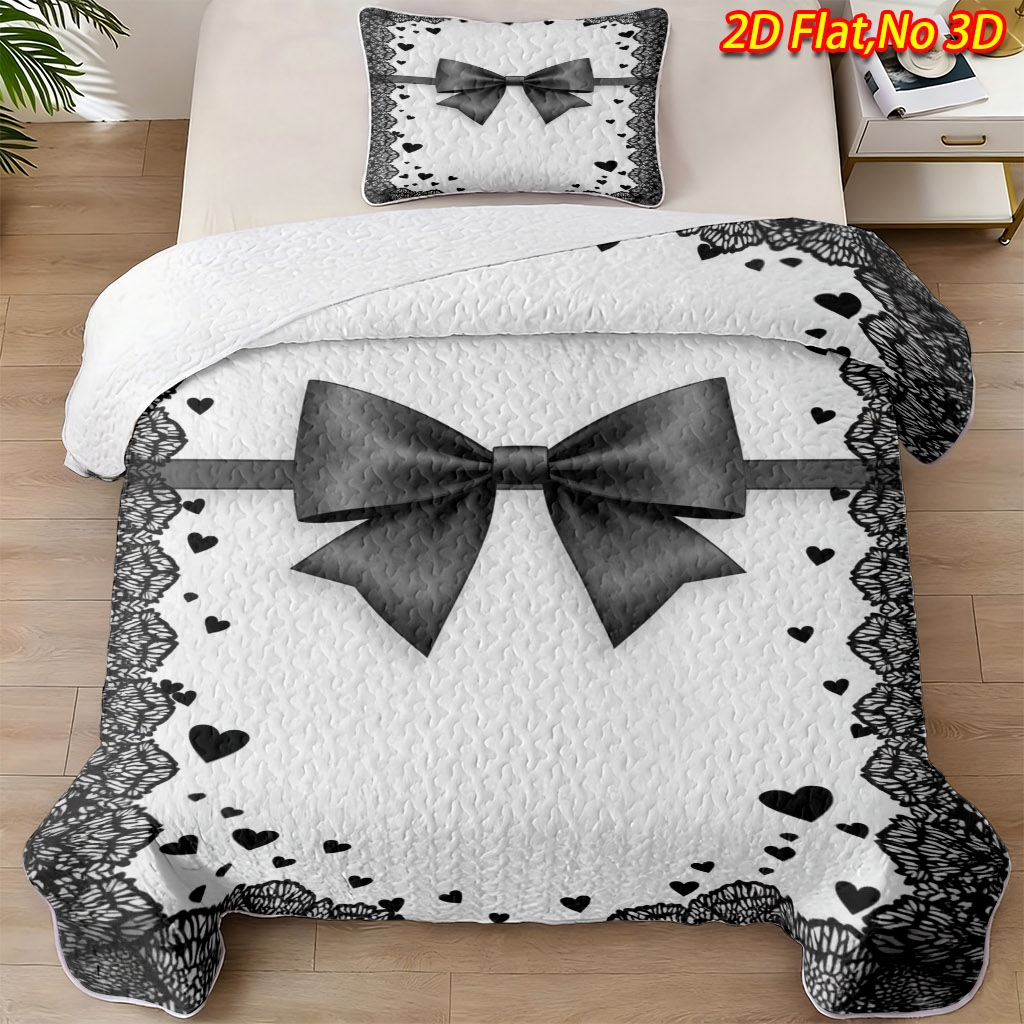 TEMU 2/3pcs 2d Flat Lace Bowknot Heart Theme Bedspread Set 1*bedspread 1/2*pillowcase, No Filling), Breathable Cool Blanket, Suitable For Bedroom ,