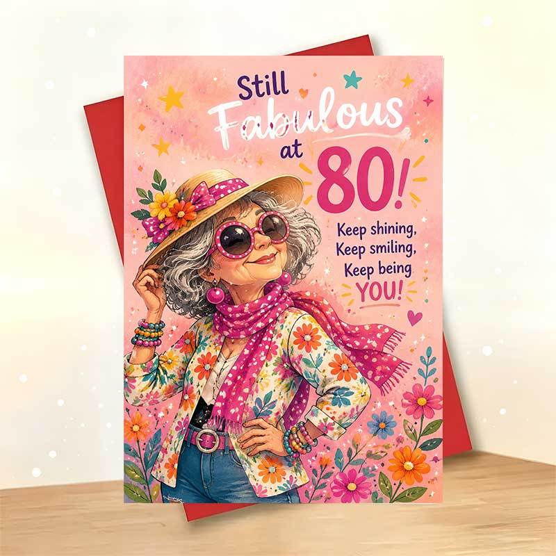 TEMU 1 Greeting Card + 1 Envelope Charming Vibrant Birthday Greeting Card, With Floral Outfit And Sunglasses "still 80" For Elegant Women, Birthday