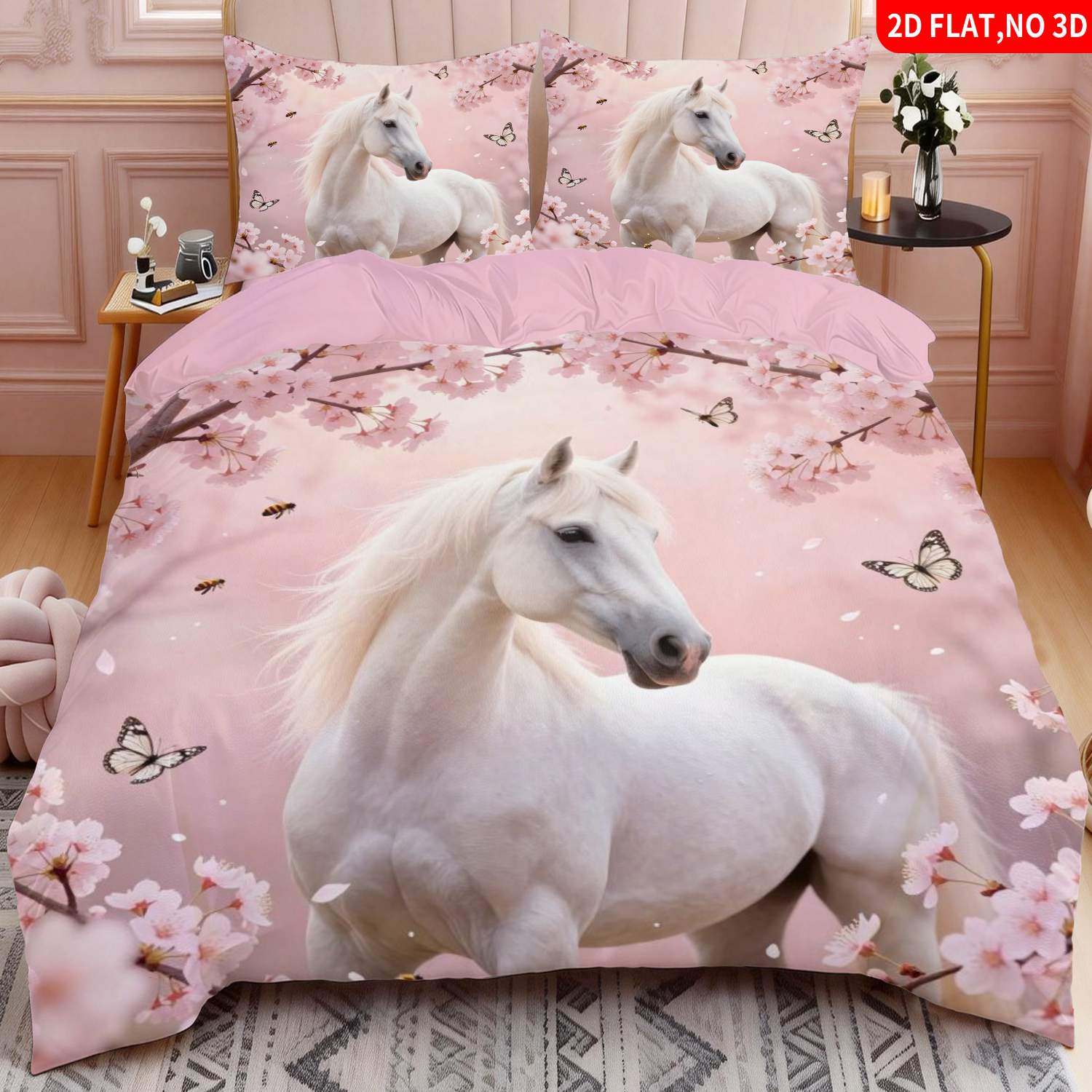 TEMU 2/3pcs 2d Flat Printing Modern Romantic Quilt Cover Bedding Pink White Horse Cherry Print Suitable For Multiple Sizes 4 Lining Colors Are