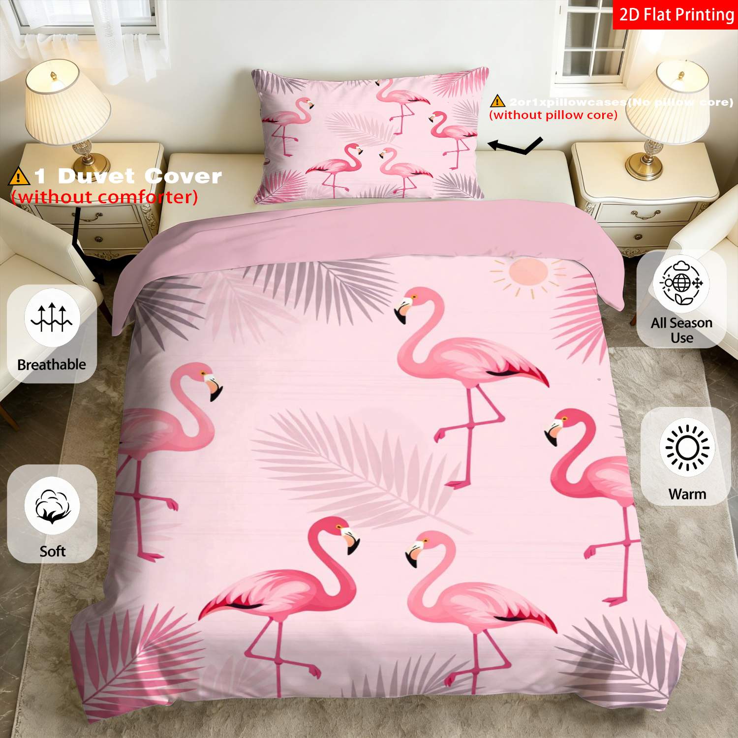TEMU 2/3pcs 2d Flat Printing Modern Tropical Flamingo Quilt Cover Bedding Leaf And Flamingo Print Suitable For Occasions (1 Duvet Cover And 1/2