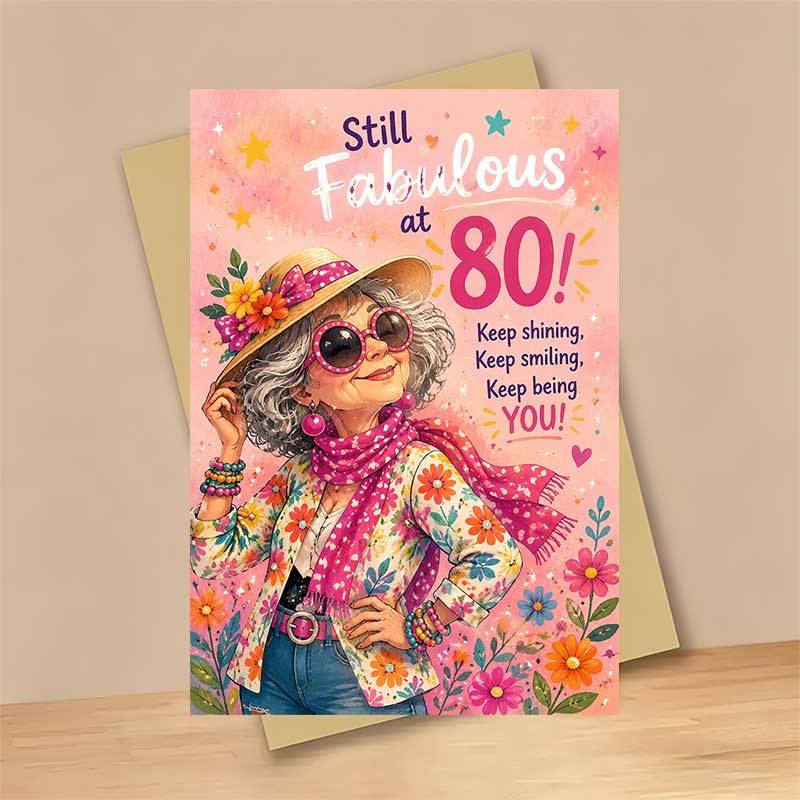 TEMU 1 Greeting Card + 1 Envelope Charming Vibrant Birthday Greeting Card, With Floral Outfit And Sunglasses "still 80" For Elegant Women, Birthday