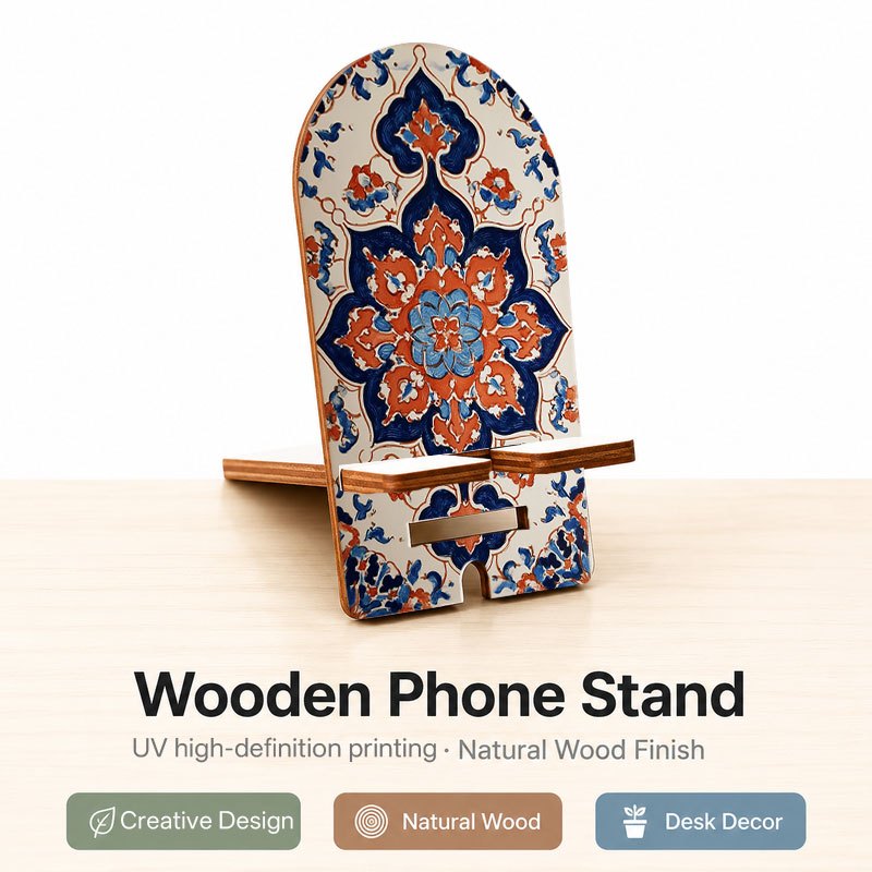 TEMU Wooden Phone Stand, Printed With Blue And Orange Floral Geometric 2d Pattern, Ideal Gift For Teacher's Day/father's Day// Day