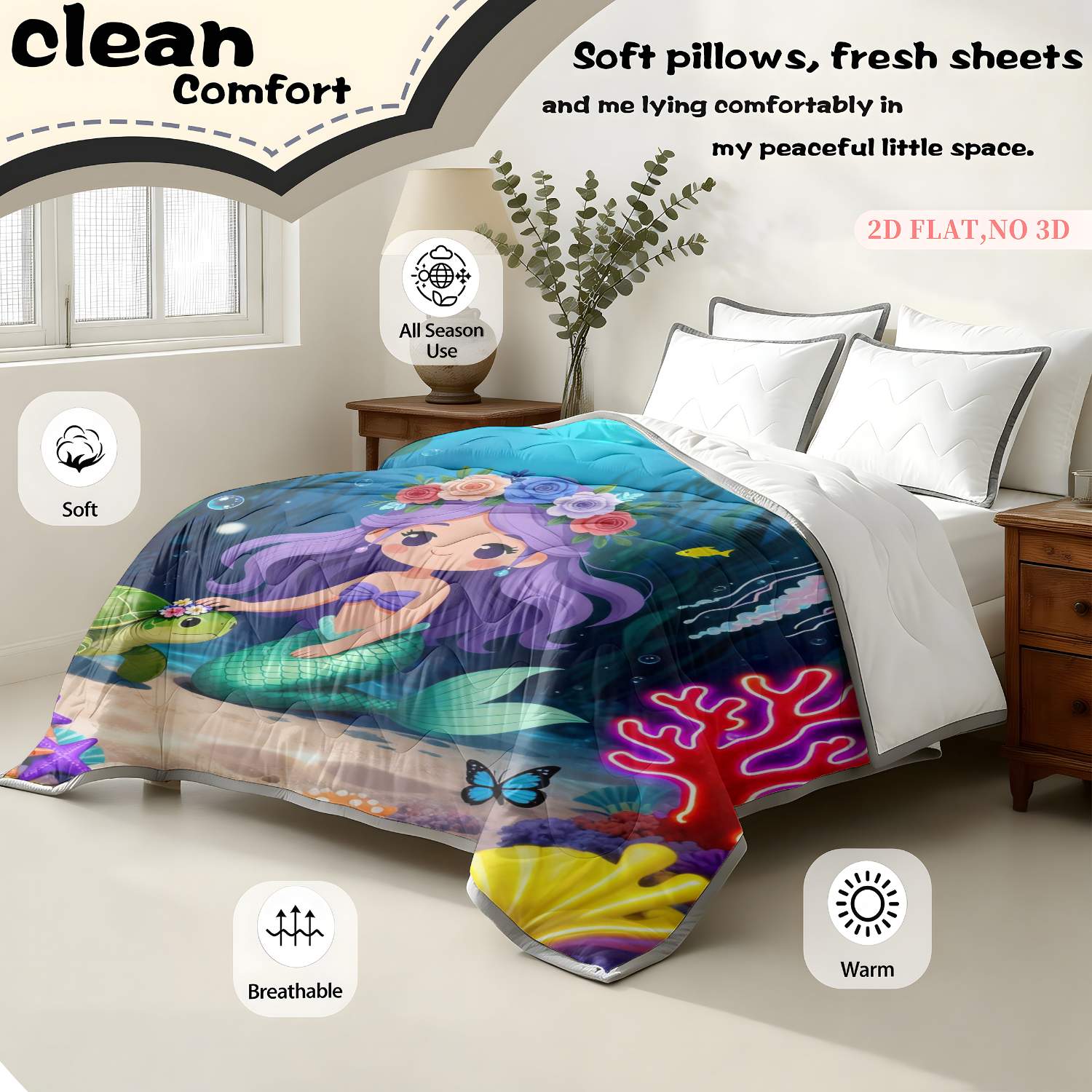 2d flat 1pc mermaid turtle underwater ocean seaweed   shells quilt only 1 summer quilt without pillowcases     life bedding bedspread ocean theme blanket soft and breathable printed for spring summer bedding home dorm