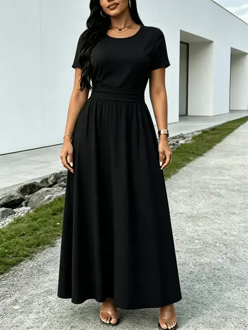 temu black dress Women's Elegant Short-Sleeve A-Line Dress with Short Sleeves & Small Round Neck - Solid Color Short Dress Suitable for Spring/Summer * Office & Semi-Formal Wear