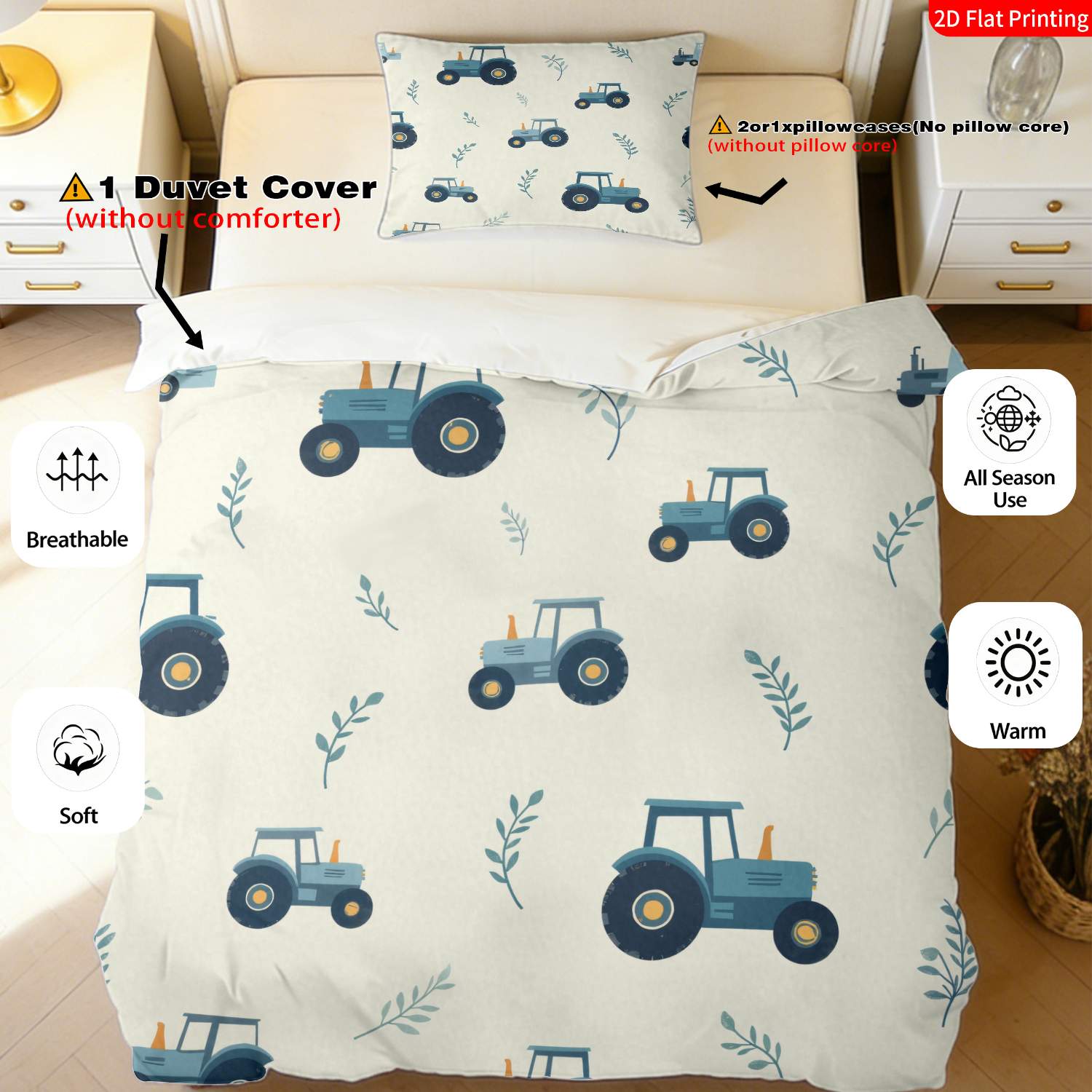 TEMU 2/3pcs 2d Flat Printing Tractor And Leaf Quilt Cover Bedding Beige Blue Cartoon Agricultural Machinery Print Pattern With Green Leaves Suitable