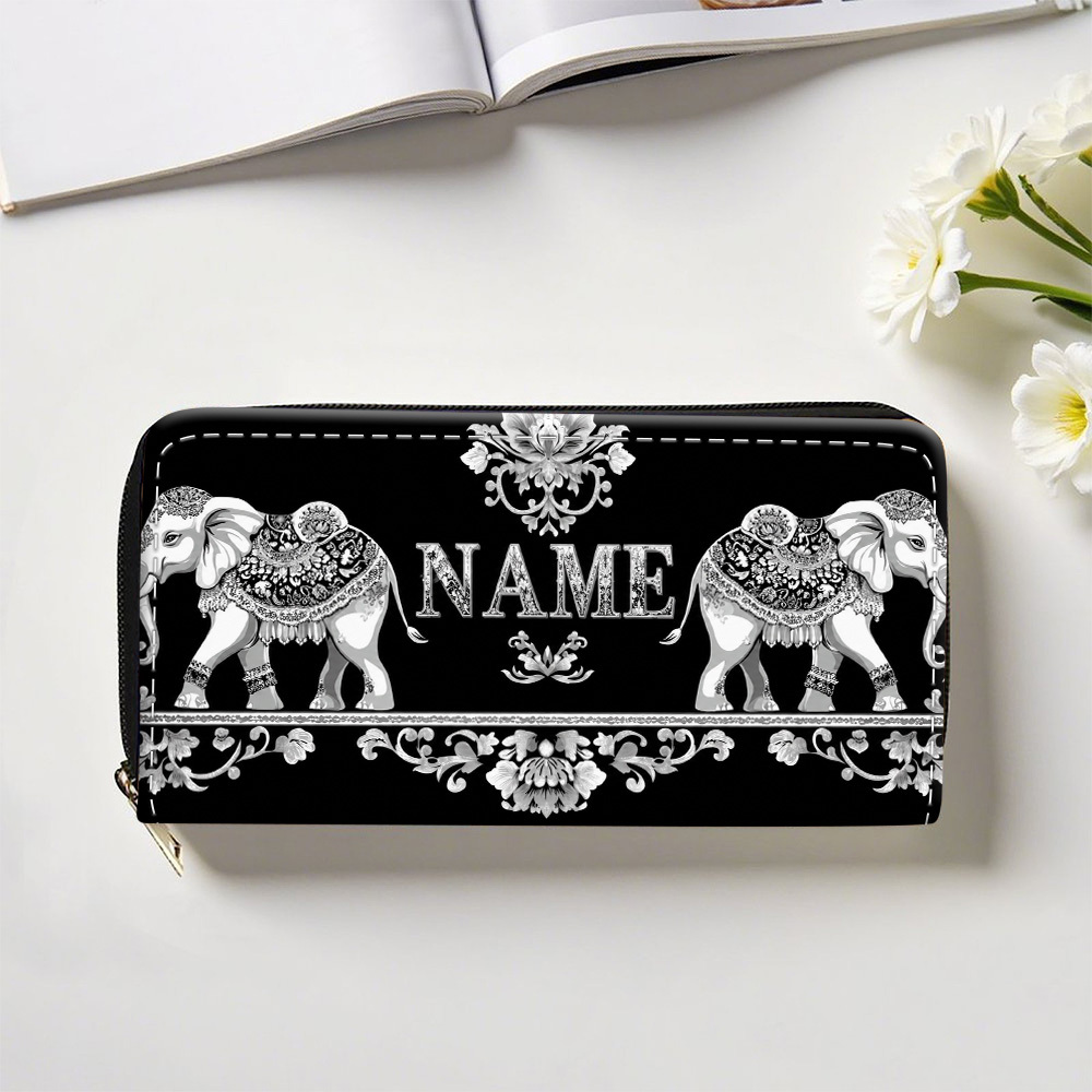 TEMU Customized Elephant Ornament Designed Long Wallet With Zipper, Custom Name/text Purse With Card Slots And Coin Pouch, Trendy Multifunctional