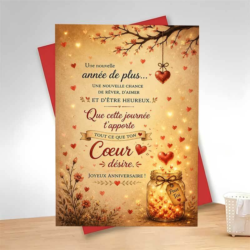 TEMU 1 Greeting Card + 1 Envelope Romantic And Elegant Birthday Greeting Card, Floating Hearts And Glowing Jar Design With French Text For You,