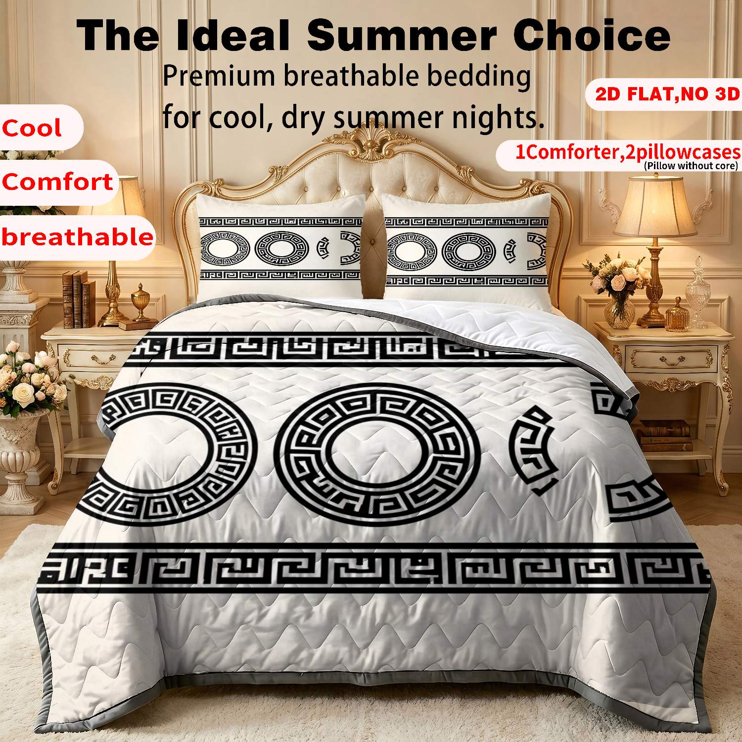TEMU 2/3pcs Thin Quilt 2d Flat Print Greek Key Pattern Black And White Machine Washable And Resistant To Deformation Suitable, In Multiple