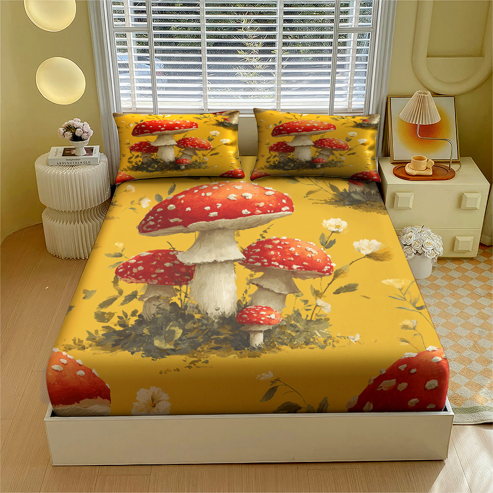 3pcs Bedding (1pc Fitted Sheet And 2pcs Pillowcases), Vintage Red Mushroom   Printed Fitted Sheet, Skin-Friendly And Breathable, Non-Slip And Non-Shifting, Full-Coverage Mattress Protection, Dust-Resistant And