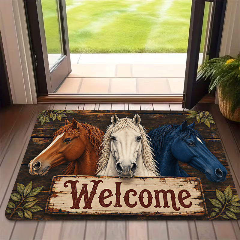 TEMU 1pc, 2d Flat Printing, Vintage Horse "welcome" Doormat, Non-slip Machine Washable Easy-to-clean Polyester Mat, Suitable For Home And Outdoor