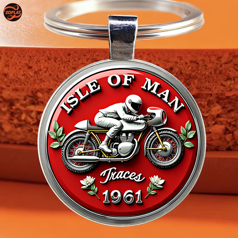 TEMU 1pc Round Keychain, Vintage Motorcycle Race Themed Keychain - Man Motorcycle Race Pattern, Classic Vintage Red And Silvery Color Scheme,