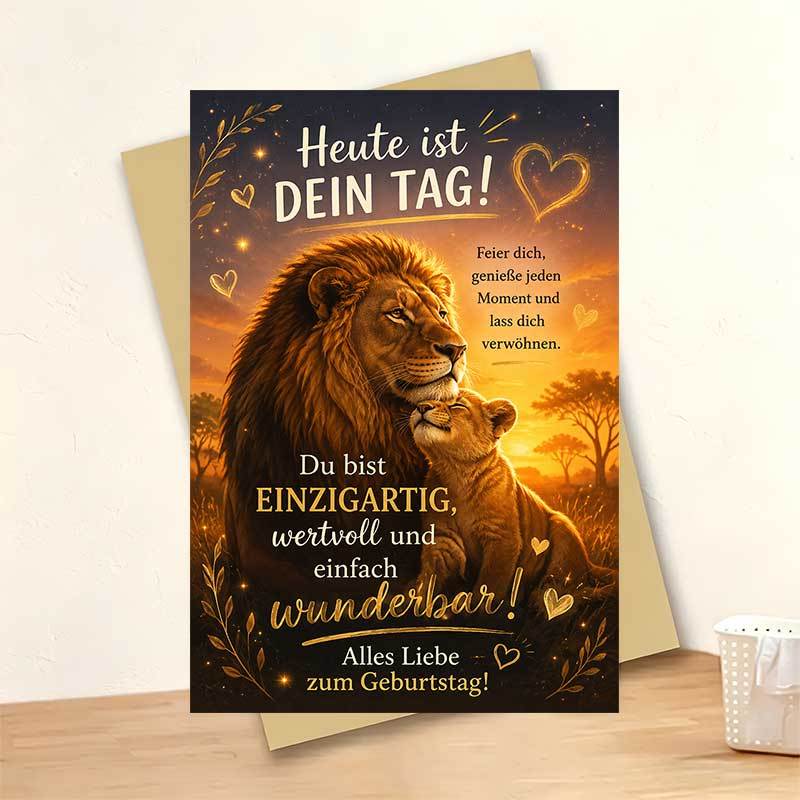 1 Greeting Card + 1 Envelope | Elegant And Warm Birthday Greeting Card With Lion And Cub In Landscape, Text "heute Ist ", Suitable For , Artistic And Style