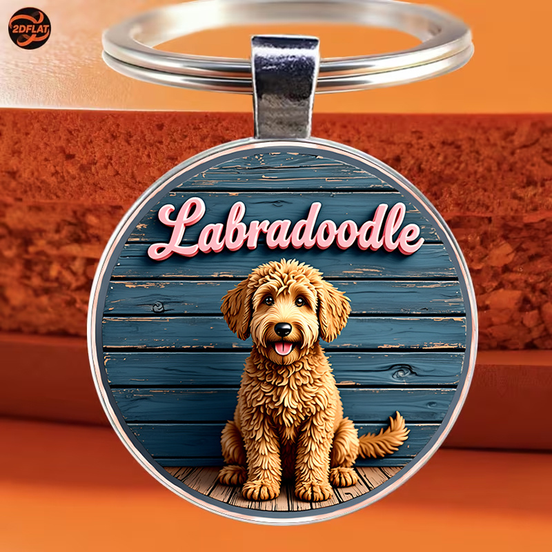 TEMU 1pc Round Keychain, Vintage Pastoral Style Poodle Themed Keychain, Featuring An Fluffy Curly-haired Dog Pattern With A Rustic Wood Grain Texture