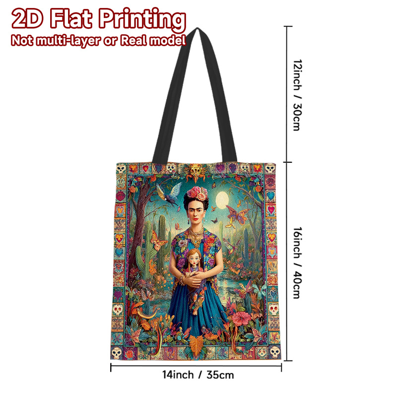 TEMU 1pc, 2d Flat Printing, Inspiration Canvas Handbag Colorful Mexican , Polyester, Perfect For Ideal For Couples, Shopping, And Everyday Use
