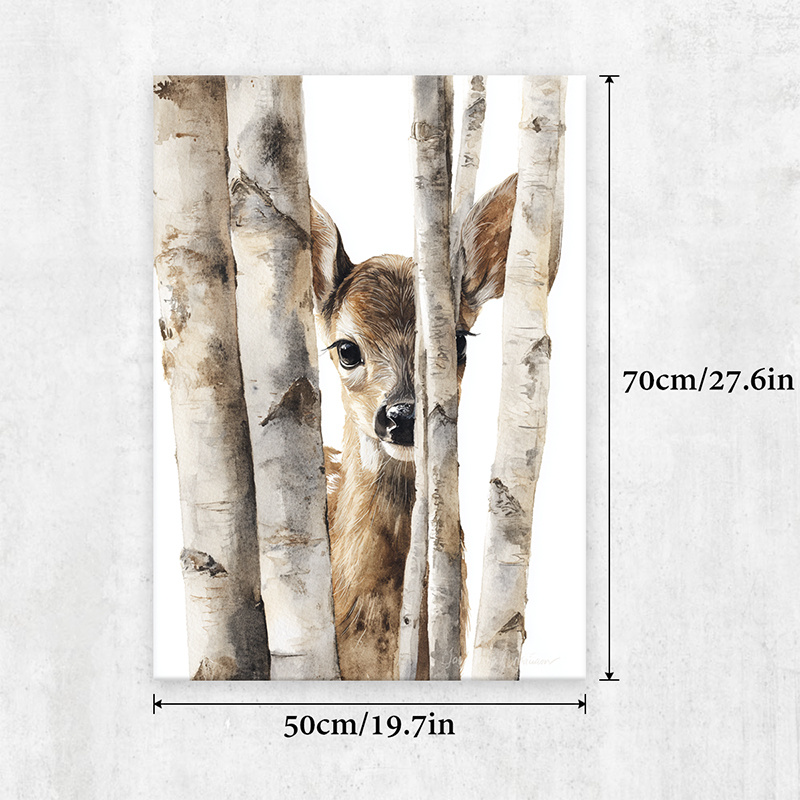 TEMU 2d Flat, 2d Flat 2d/flat, 1pc Wooden Framed Canvas Poster, Cute Fawn Artwork, Birch Tree Pattern, Rustic Style, Nature-inspired Decor, Home