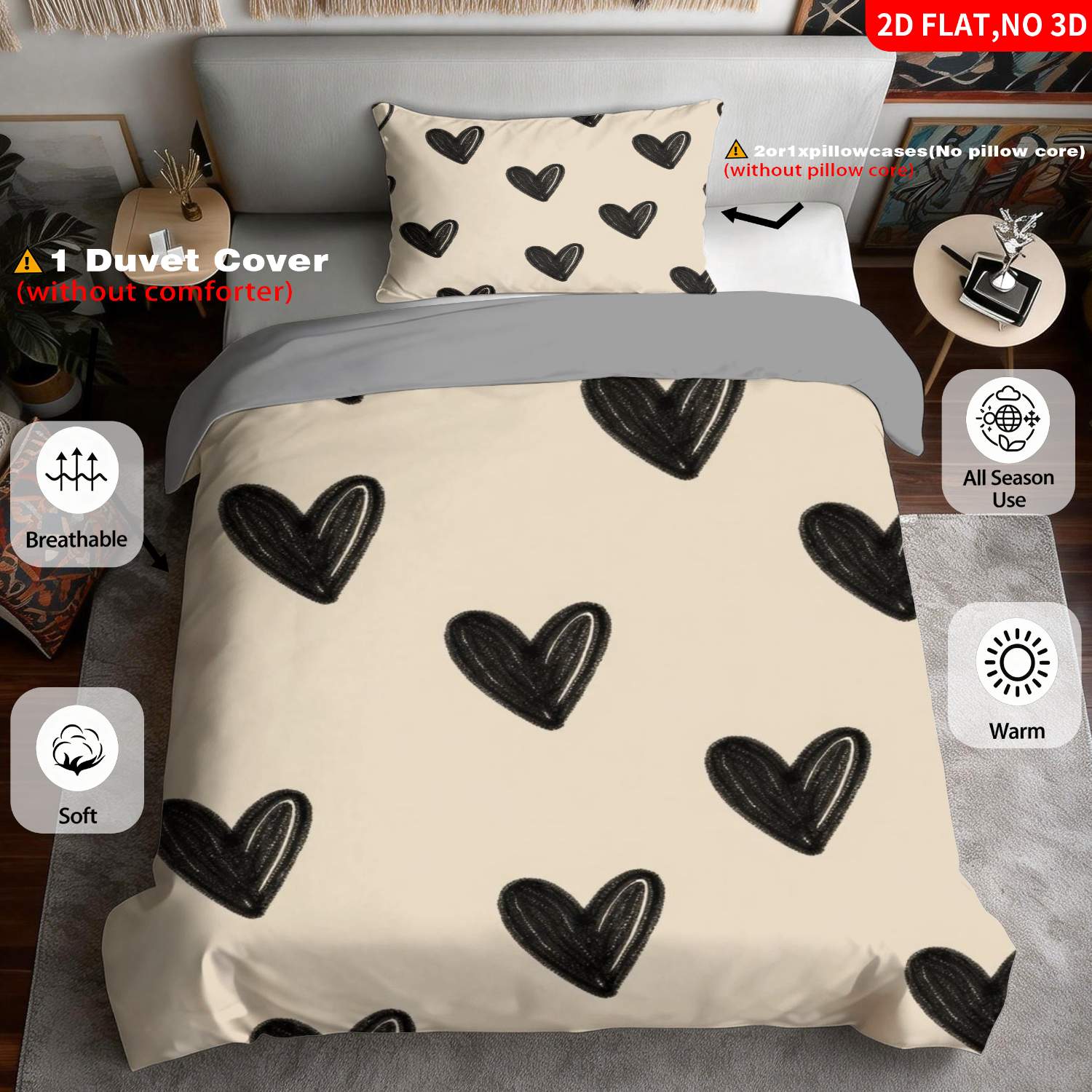 TEMU 2/3pcs 2d Flat Printing Modern Minimalist Love Heart Quilt Cover Bedding Beige Black Heart Pattern Suitable For Multiple Sizes 4 Lining Colors
