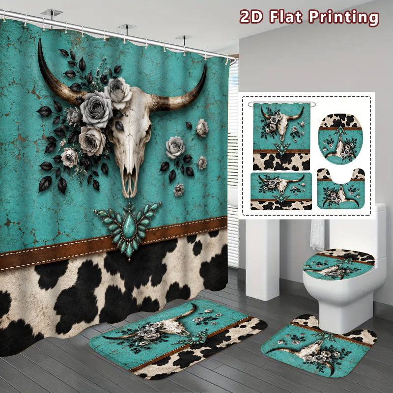 TEMU Plat 2D, Ensemble de rideau de douche 2D plat 4 pièces avec crâne de vache western, Décoration de salle de bain à imprimé turquoise, grise et