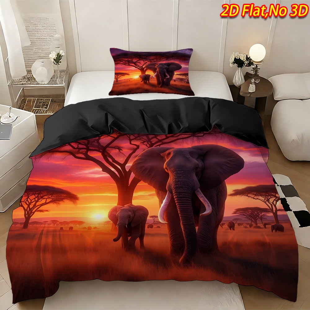 TEMU 2/3pcs 2d Flat Printing Spring/summer New African Elephant Sunset Theme Duvet Cover Set (1 X Duvet Cover And Pillowcases, No Filling),