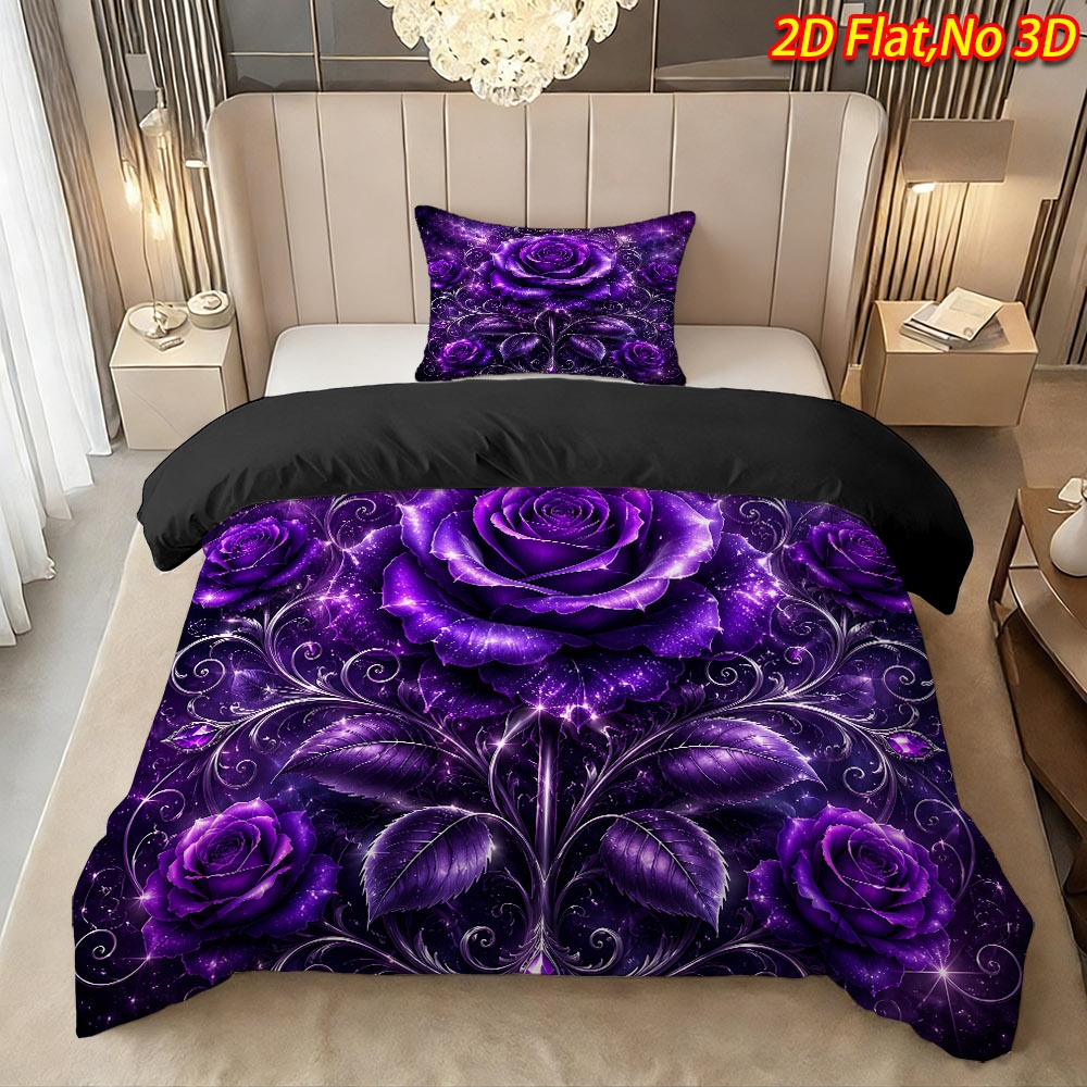 TEMU 2/3pcs 2d Flat Printing Spring Summer New Rose Theme Duvet Cover Set (1 X Duvet Cover And Pillowcases, No Filling), High-definition , Suitable