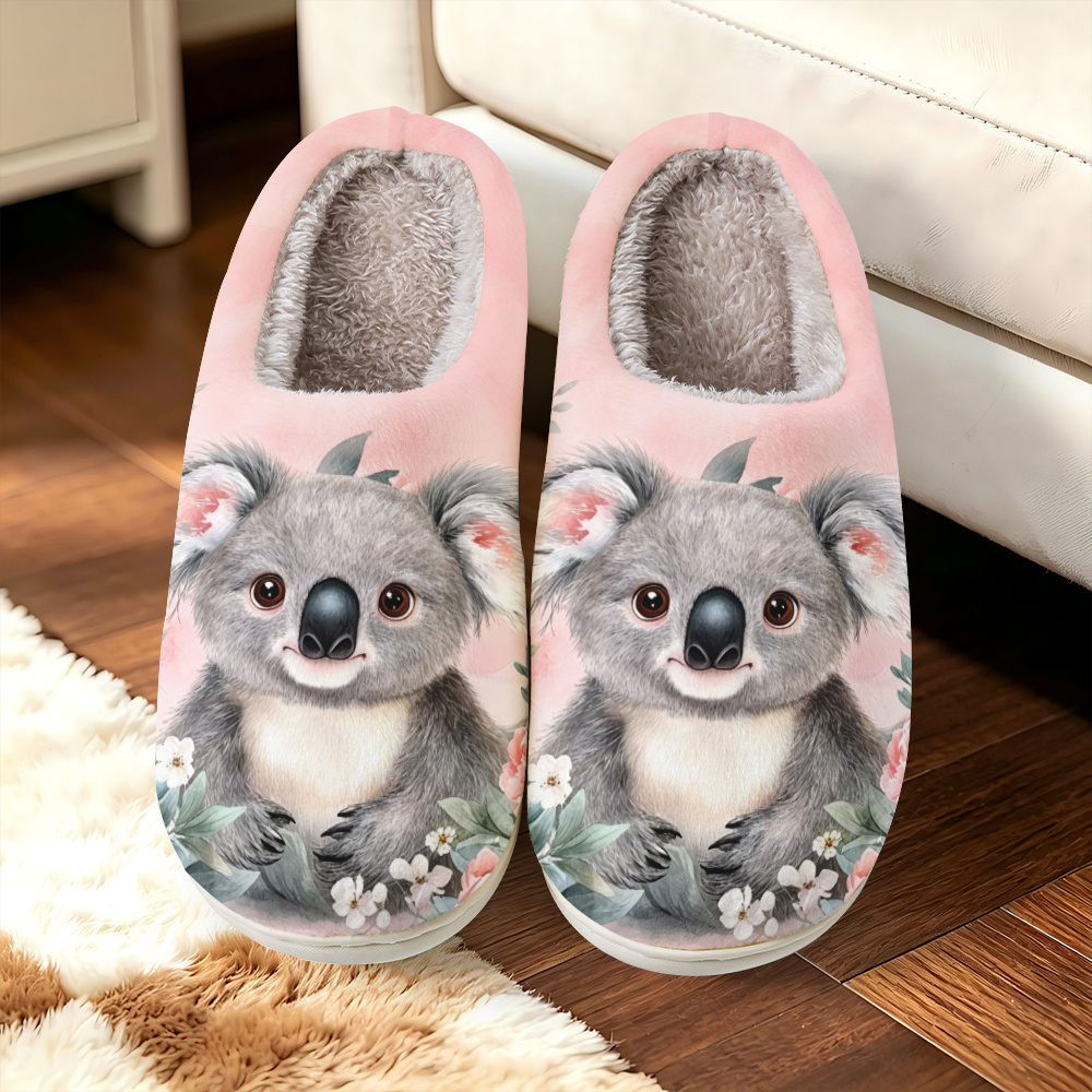 TEMU [printed Design - Not Textured] - Women's Fashionable Home Slippers Featuring An Adorable Koala With Delicate Floral Prints. Elegant, Simple,