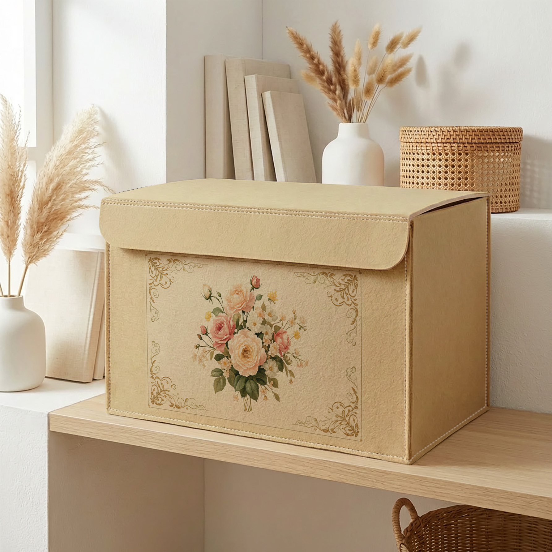 TEMU 1pc, Storage Box, European Vintage Style With Golden-foiled Border, Pink And White Rose Floral 2d Print, Thickened Felt Material, Design | For