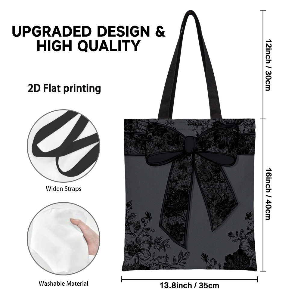 TEMU 1pc Reusable Grocery Bags, 2d Flat Printed With Elegant Black Floral Bow Pattern And Lightweight Foldable Shoulder Bag, Perfect For Travel,