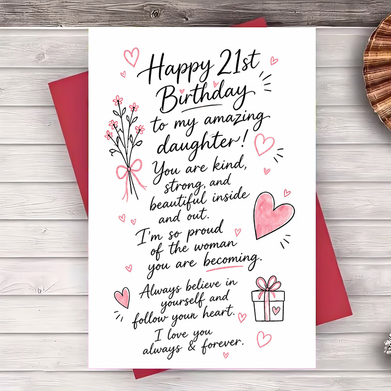 TEMU 1 Greeting Card + 1 Envelope Happy 21st Birthday Greeting Card For Daughter Floral Flat Note Card For Milestone Birthday Celebration Gift From