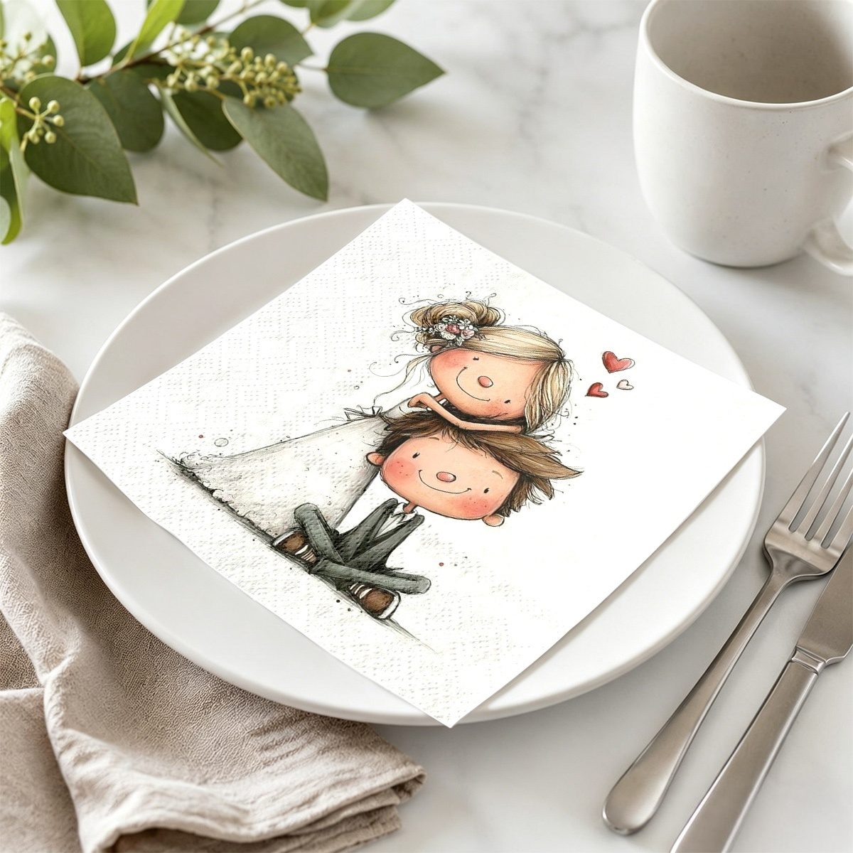 TEMU Lot de 20 serviettes décoratives avec motif de couple de jeunes mariés de dessin , adaptées pour les hôtels, restaurants, , fêtes d'anniversaire