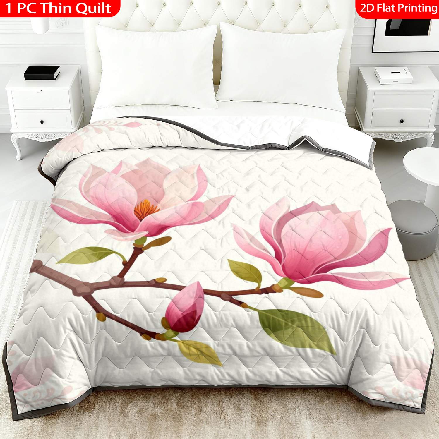 TEMU 1pc Thin Quilt 2d Flat Print Flower Pattern Machine Washable And Resistant To Deformation Suitable, In Multiple Sizes, Suitable For Spring And