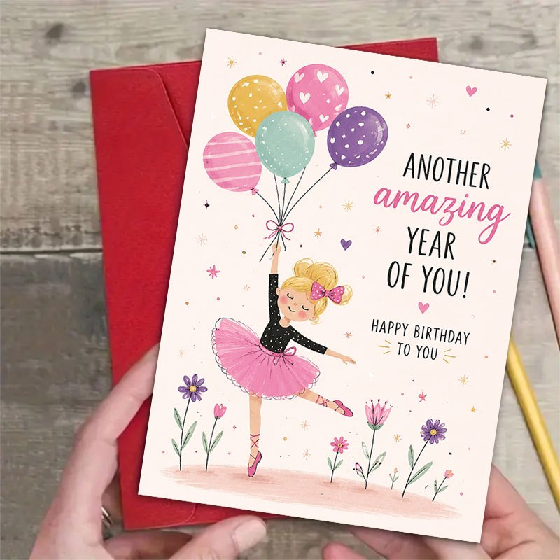 1 Tarjeta de felicitación + 1 sobre, tarjeta de felicitación de cumpleaños alegre y vibrante, chica bailando sosteniendo globos de colores con el texto "Otro año increíble de ti", perfecta para amigos, celebración de cumpleaños, estilo de ilustración artística, tarjeta de felicitación elegante y
