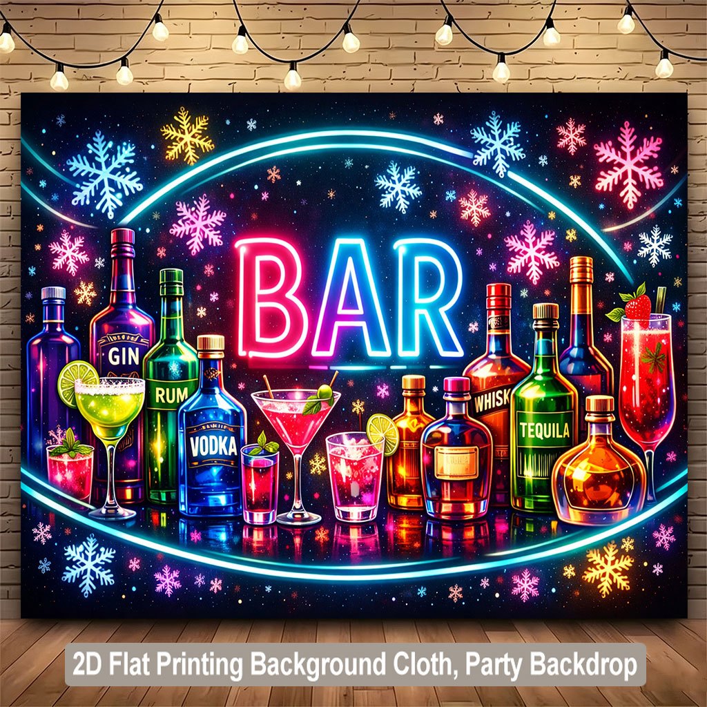 TEMU 2d Flat, 1pc 2d Flat Banner Backdrop, Vibrant And Neon Lights With Drinks Background Cloth, Suitable For Party Combinations, For Home, Garden,