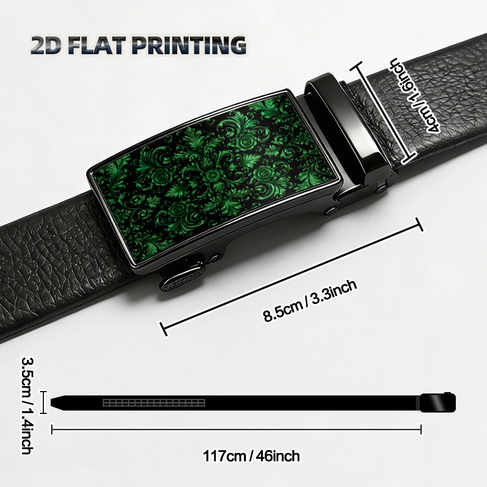 TEMU 2d Flat, 1pc Design Showcasing Emerald Floral Swirls Sliding Belt, Classic Sleek Belt For Men, This Belt Is Adjustable For Casual And Dress