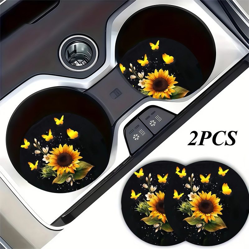 TEMU 2pcs Sunflower White Flower Cup Holder Coaster,car Interior Decor, Vehicle Accessory, Non-slip Vehicle Beverage Mat For Woman And For Man,