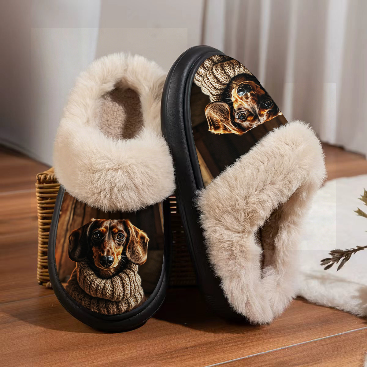 TEMU Cute Dachshund + Warm Indoor Scene Men's And Women's Home Indoor Slippers, Slippers, Suitable For Indoor And Outdoor Wear, Ideal Warm Gift For