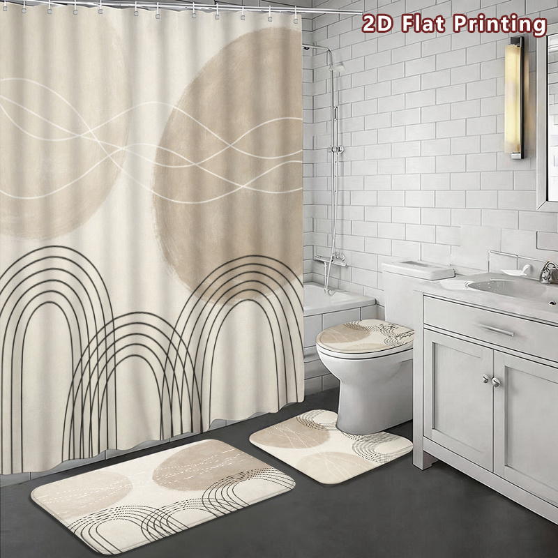 TEMU 2d Flat, 2d Flat 4pcs Minimal Abstract Geometric Shower Curtain Set, Neutral Beige Black And Circle Bathroom Decor, Accessories With Bath Mat,