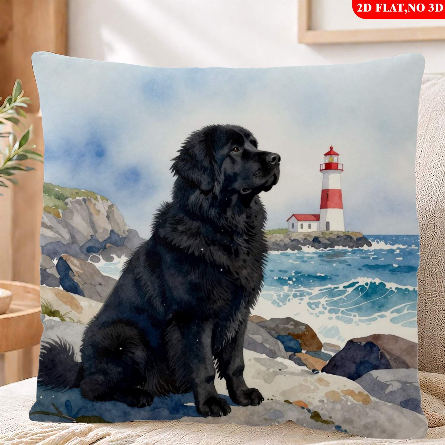 TEMU Housse de coussin 2D imprimée à plat, 1 pièce, motif chien noir, phare, de l'océan, rivage rocheux, paysage marin, thème , convient pour canapé,