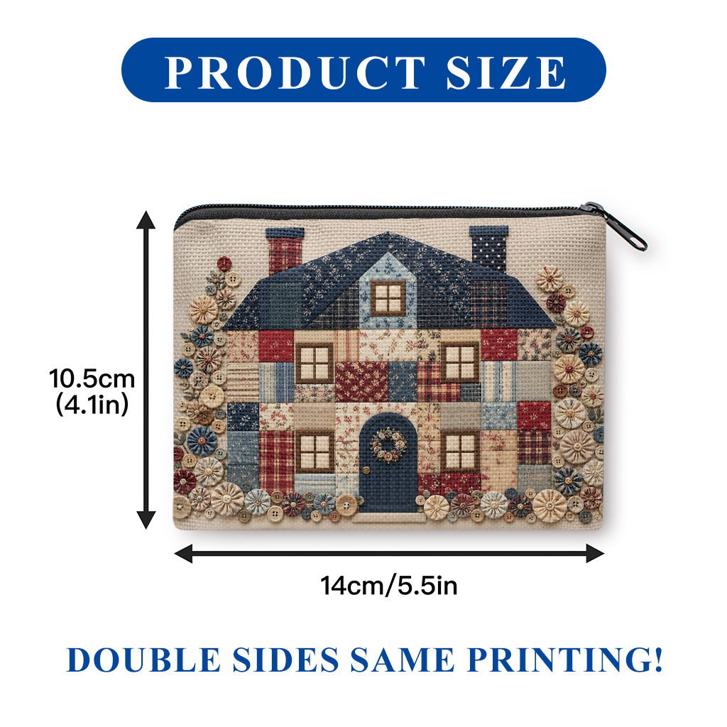 TEMU Portamonete, Portamonete con stampa a a tema casa patchwork, Borsa porta chiavi e monete, Custodia portatile con cerniera, Pochette, Beauty case