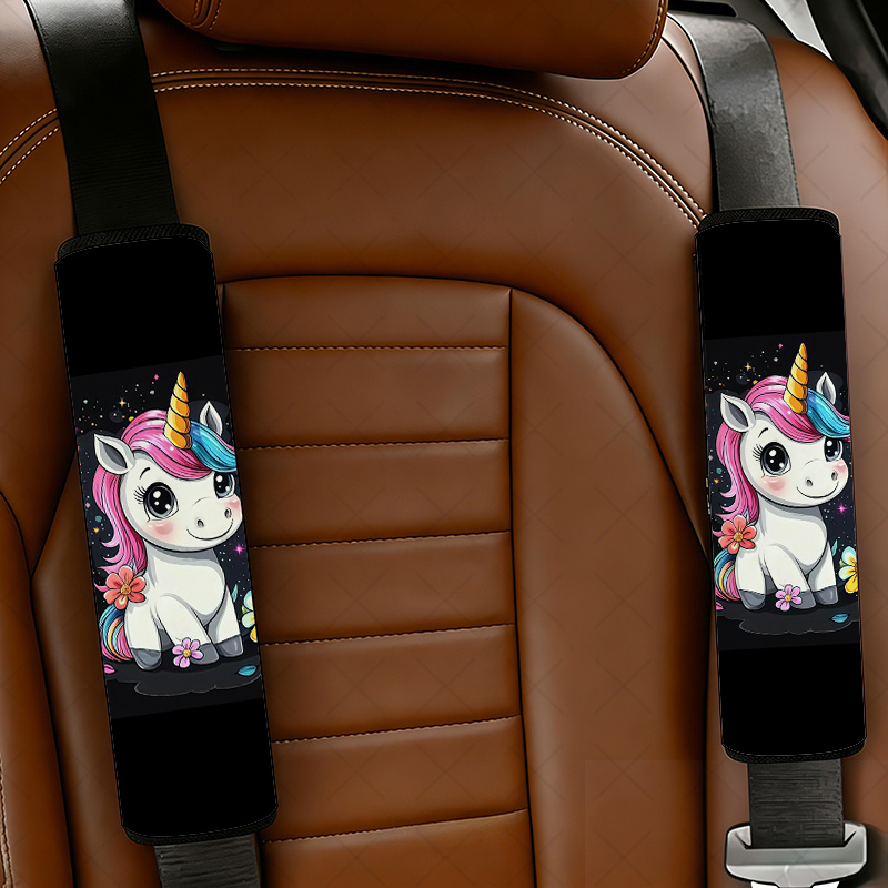 TEMU 2pcs Unicorn Car Seat Belt Cover, Cartoon Unicorn With Flowers And Stars, Multifunctional Car Seat Belt Cover, Car Interior Additions, Padding