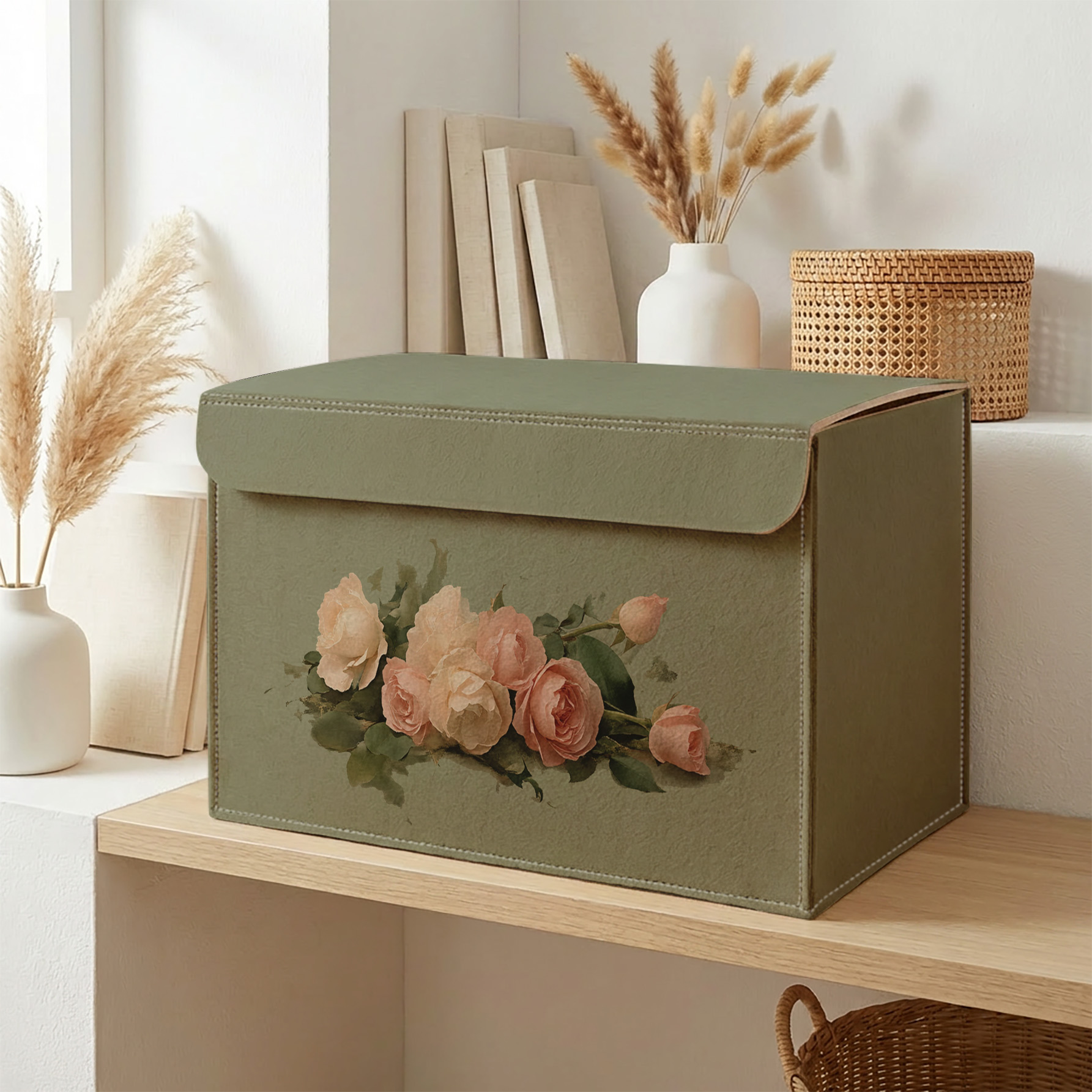 TEMU 1pc Thickened Felt Storage Box With Lid & Pink White Rose Pattern Suitable For Bedroom/wardrobe/organization, Light Bean Green Container,