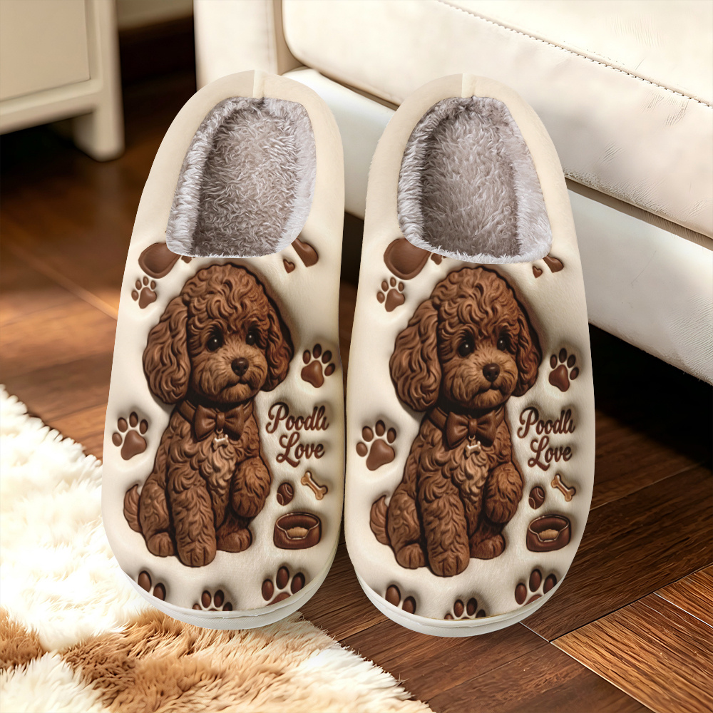 TEMU [printed Design-not Textured]-unisex House Slippers, Cute Brown Print With "poodle Love" Lettering, & Bones, Elegant Minimalist Skin-friendly