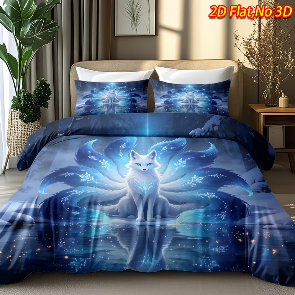 TEMU 2/3pcs 2d Flat Printing Spring/summer New Arrival Nine-tailed Spirit Fox Ice And Snow Forest Themed Duvet Cover Set (1 Duvet Cover   1/2