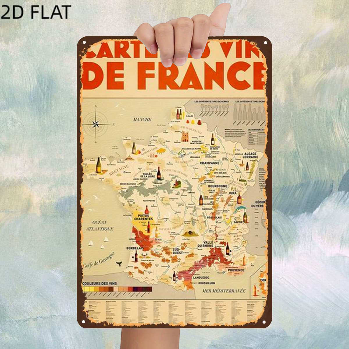 TEMU Plat 2D, Plat 2D, 1 pièce, Panneau en métal et fer vintage "Carte des régions viticoles ", Trous pré-percés, Décoration murale pour cuisine et