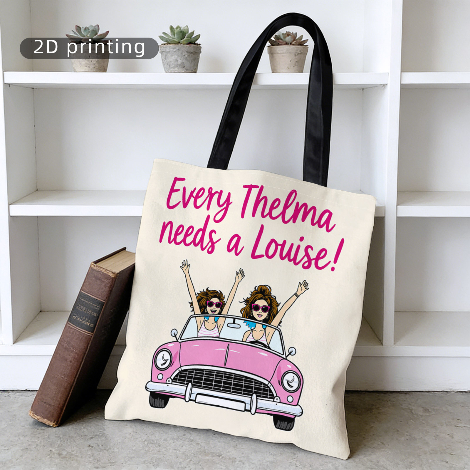 TEMU Pattern-printed Women's Small Handbag, Large-capacity Shoulder Bag, Shopping Bag, Tote Bag, "cartoon Girlfriend And Car + ' Thelma Needs A !'"