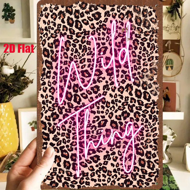 TEMU 2D Plat, 1 stuk 2D Plat Metalen Bord, Decoratieve Kunst met Luipaardprintpatroon en Roze Neonlichteffect "" Belettering, Modieuze en Wilde Stijl