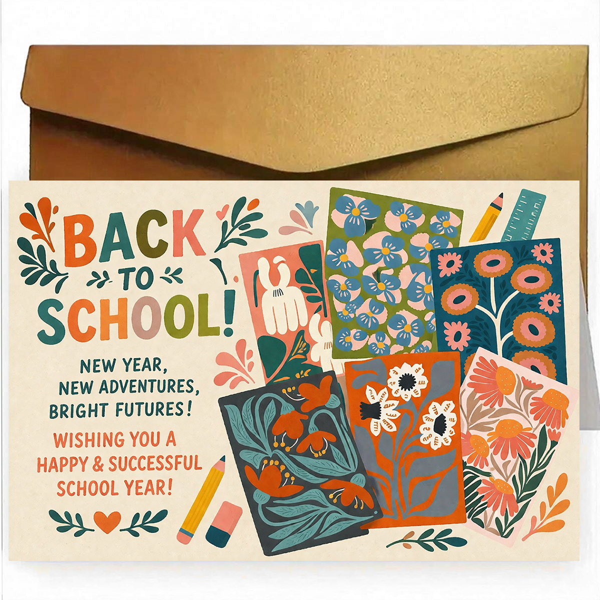 artikel foto 1 set (een   en een kaart) kleurrijke bloemen wenskaart voor terug naar school, kaart voor terug naar school,   voor het schooljaar, nieuwjaar   avonturen heldere toekomsten, vintage bloemen collage, ideaal voor studenten en docenten, hoogwaardig papier, optioneel rode of  