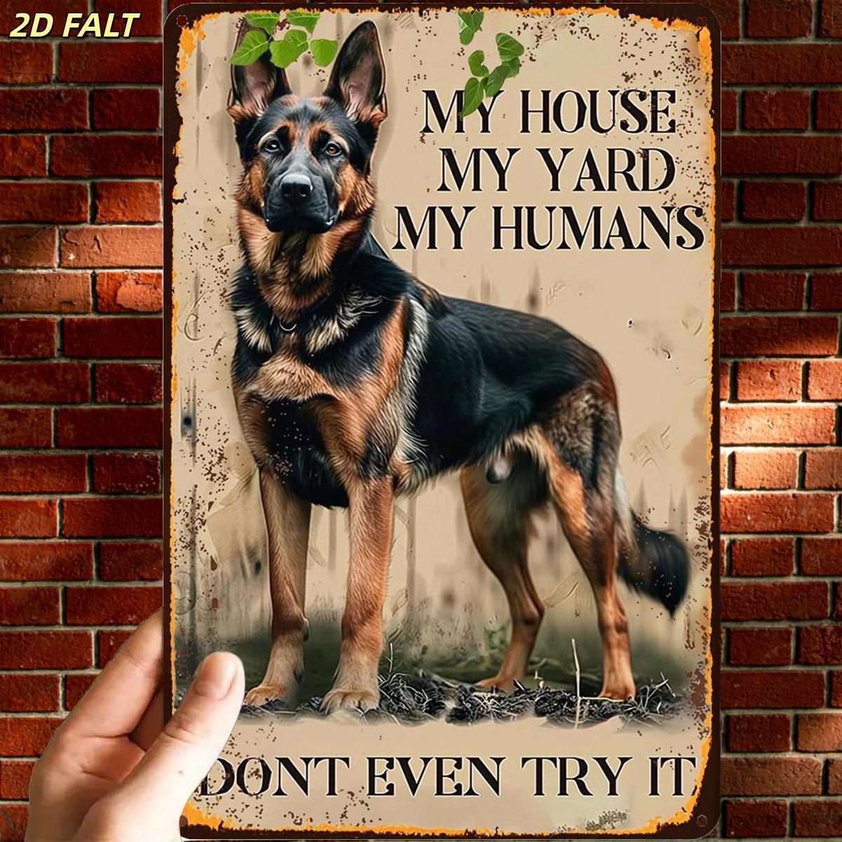 TEMU 2d Flat, 1pc, Interesting Retro German Shepherd House Yard Humans Signmetal Iron Sign, Pre-drilled Holes, Suitable For Indoor, Garden, Outdoor,